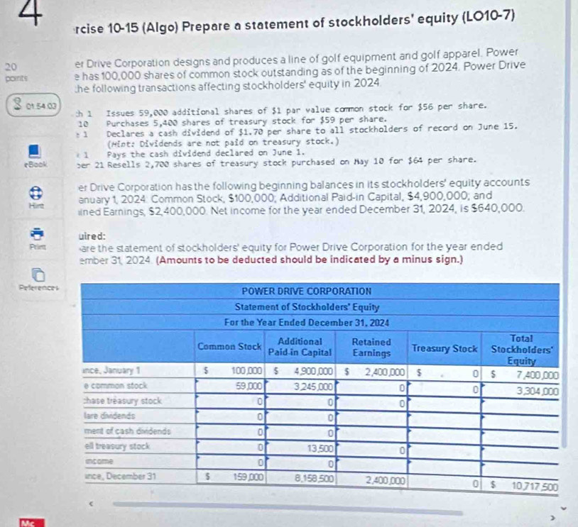 rcise 10-15 (Algo) Prepare a statement of stockholders' equity (LO10-7) 
20 er Drive Corporation designs and produces a line of golf equipment and golf apparel. Power 
points e has 100,000 shares of common stock outstanding as of the beginning of 2024. Power Drive 
the following transactions affecting stockholders' equity in 2024 
01.54:03 
:h 1 Issues 59,000 additional shares of $1 par value common stock for $56 per share.
10 Purchases 5,400 shares of treasury stock for $59 per share. 
1 Declares a cash dividend of $1.70 per share to all stockholders of record on June 15. 
(Hint: Dividends are not paid on treasury stock.) 
1 Pays the cash dividend declared on June 1. 
eBook ber 21 Resells 2,700 shares of treasury stock purchased on May 10 for $64 per share. 
er Drive Corporation has the following beginning balances in its stockholders' equity accounts 
anuary 1, 2024: Common Stock, $100,000; Additional Paid-in Capital, $4,900,000; and 
Hint iined Earnings, $2,400,000. Net income for the year ended December 31, 2024, is $640,000. 
uired: 
Print are the statement of stockholders' equity for Power Drive Corporation for the year ended 
ember 31 2024 (Amounts to be deducted should be indicated by a minus sign.) 
Referenc 
Mc