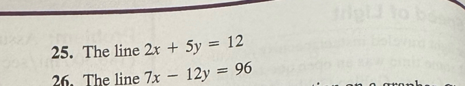 The line 2x+5y=12
26. The line 7x-12y=96