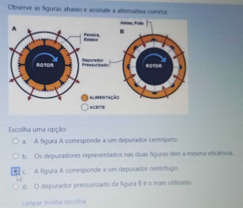 Observe as figuras abaixo e assinale a alternativa correta:
Escolha uma opção:
a. A figura A corresponde a um depurador centrípeto.
b. Os depuradores representados nas duas figuras têm a mesma eficiência,
c. A figura A corresponde a um depurador centrífugo.
d. O depurador pressurizado da figura B é o mais utilizado.
Limpar minha escolha