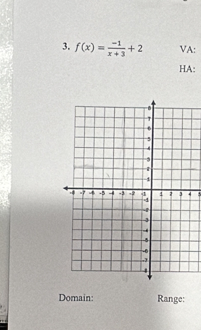 f(x)= (-1)/x+3 +2 VA: 
HA: 
5 
Domain: Range: