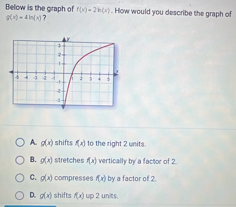 Below is the graph of f(x)=2ln (x). How would you describe the graph of
g(x)=4ln (x) ?
A. g(x) shifts f(x) to the right 2 units.
B. g(x) stretches f(x) vertically by a factor of 2.
C. g(x) compresses f(x) by a factor of 2.
D. g(x) shifts f(x) JD a 2 units.