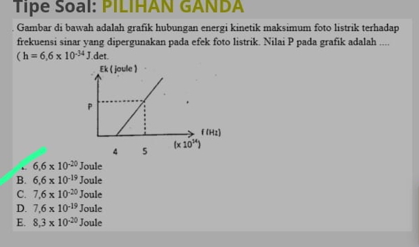 Tipe Soal: PILIHAN GANDA
Gambar di bawah adalah grafik hubungan energi kinetik maksimum foto listrik terhadap
frekuensi sinar yang dipergunakan pada efek foto listrik. Nilai P pada grafik adalah ....
(h=6,6* 10^(-34)J. d et.
、 6.6* 10^(-20)Joule
B. 6,6* 10^(-19)Joule
C. 7,6* 10^(-20)Joule
D. 7,6* 10^(-19)Joule
E. 8,3* 10^(-20)Joule