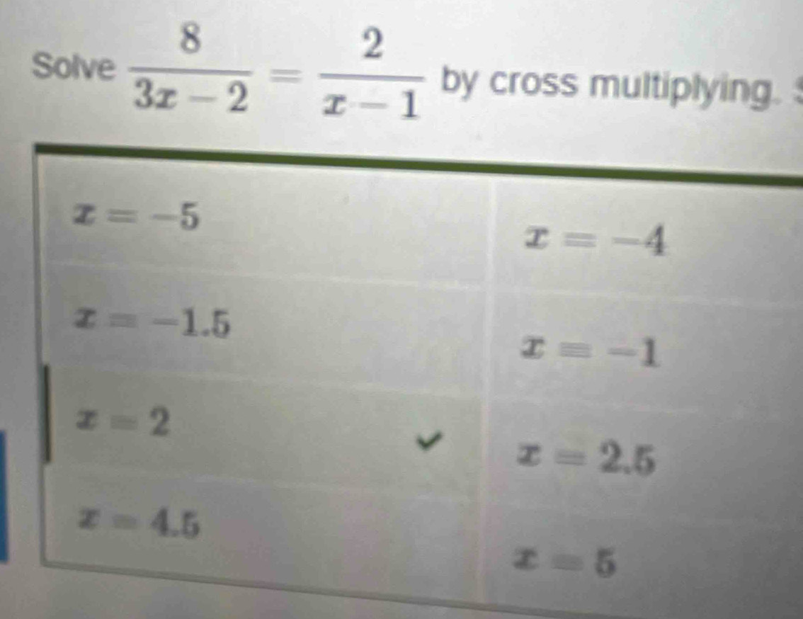 Solve  8/3x-2 = 2/x-1  by cross multiplying.