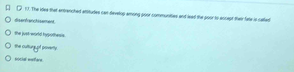 ( 17. The idea that entrenched attitudes can develop among poor communities and lead the poor to accept their fate is called
disenfranchisement.
the just-world hypothesis.
the culturg of poverty.
social welfare.