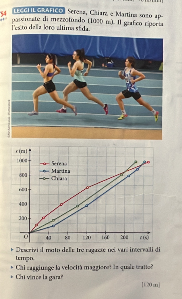 LEGGI ILGRAFICO Serena, Chiara e Martina sono ap-
passionate di mezzofondo (1000 m). Il grafico riporta
lesito della loro ultima sfida.
Descrivi il moto delle tre ragazze nei vari intervalli di
tempo.
Chi raggiunge la velocità maggiore? In quale tratto?
Chi vince la gara?
[120 m]