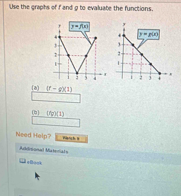 Use the graphs of f and g to evaluate the functions.
(a) (f-g)(1)
(b) (fg) (1 ]
Need Help? Watch It
Additional Materials
eBook