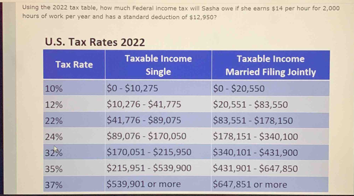 Using the 2022 tax table, how much Federal income tax will Sasha owe if she earns $14 per hour for 2,000
hours of work per year and has a standard deduction of $12,950?