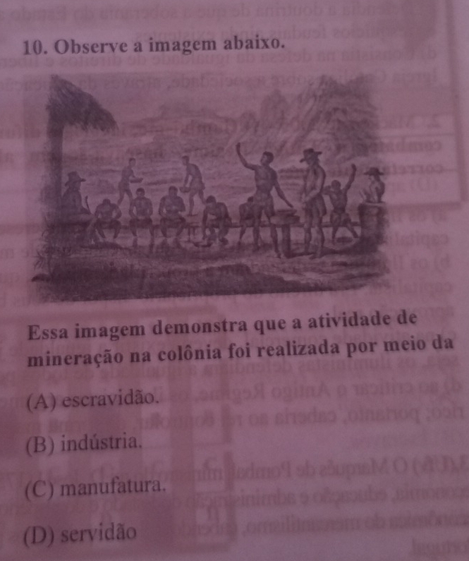 Observe a imagem abaixo.
Essa imagem demonstra que a atividade de
mineração na colônia foi realizada por meio da
(A) escravidão.
(B) indústria.
(C) manufatura.
(D) servidão