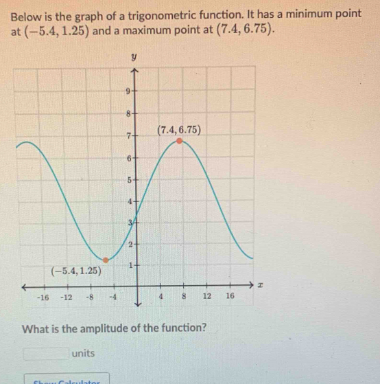 Below is the graph of a trigonometric function. It has a minimum point
at (-5.4,1.25) and a maximum point at (7.4,6.75).
What is the amplitude of the function?
units