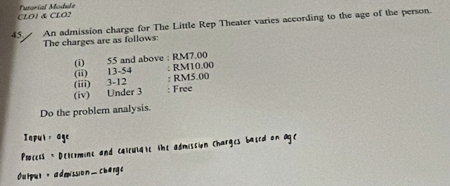 Traorial Module 
CLO1 & CLO2 
45. An admission charge for The Little Rep Theater varies according to the age of the person. 
The charges are as follows: 
(i) 55 and above : RM7.00
(ii) 13-54 : RM10.00
(iii) 3-12 : RM5.00
(iv) Under 3 : Free 
Do the problem analysis. 
Inpul : age 
Process = Determine and caleulate the admission Charges based on age 
Output = admission_charge