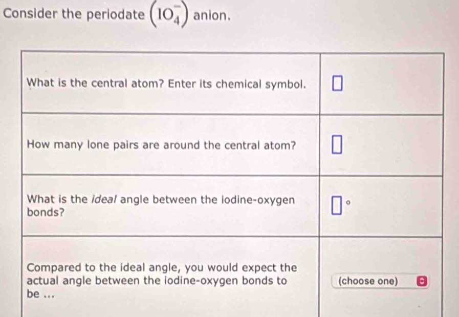 Consider the periodate (IO_4^-) anion.