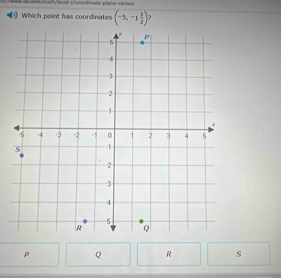 0//www.ixl.com/math/level-i/coordinate-plane-review
Which point has coordinates (-5,-1 1/2 ) ?
p
Q
R
s