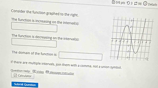 □0/6 pts つ 3 98 ① Details 
Consider the function graphed to the right. 
The function is increasing on the interval(s): 
The function is decreasing on the interval(s): 
The domain of the function is: 
If there are multiple intervals, join them with a comma, not a union symbol. 
Question Help: * Video Message instructor 
Calculator 
Submit Question