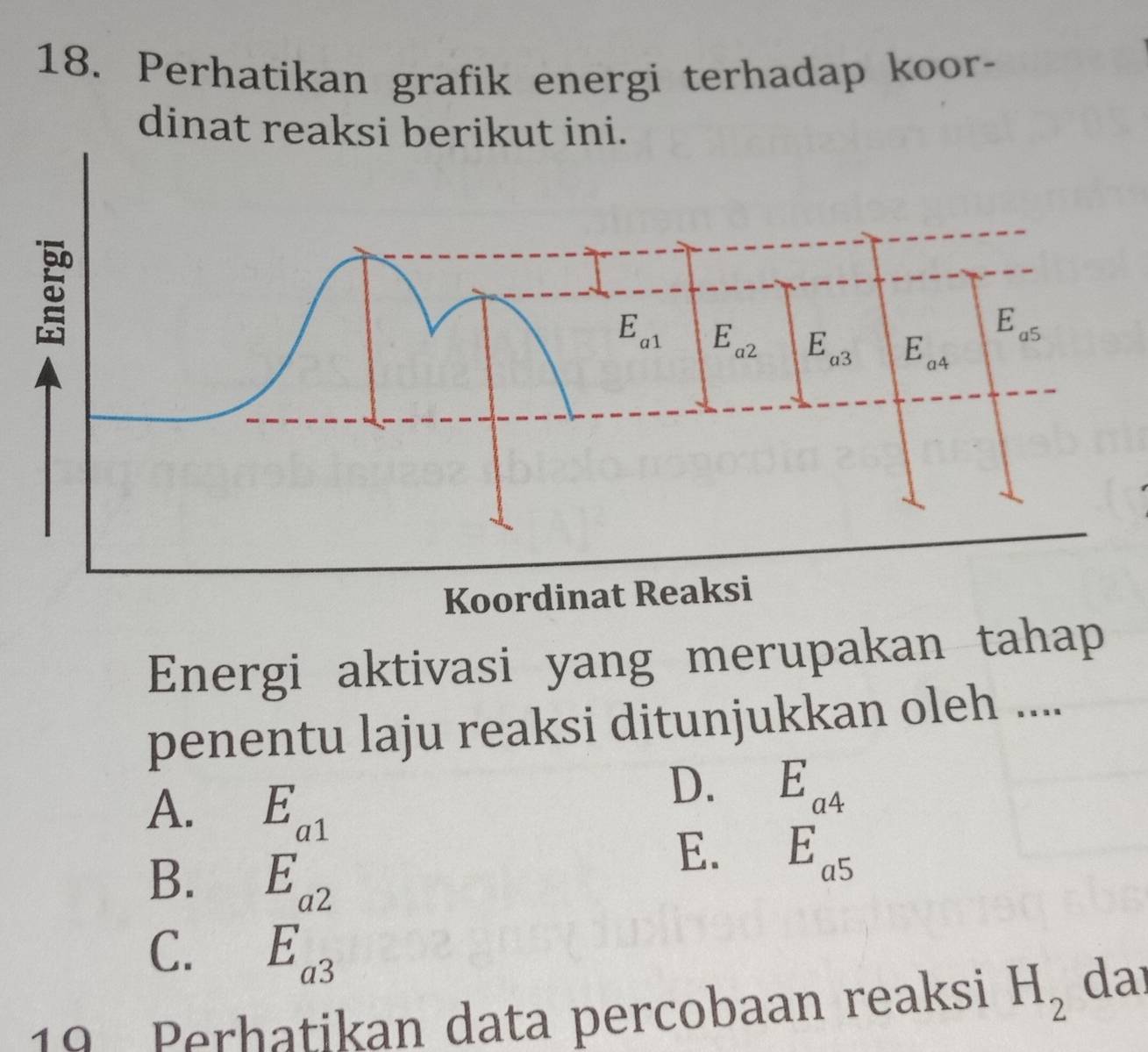 Perhatikan grafik energi terhadap koor-
dinat reaksi berikut ini.
Energi aktivasi yang merupakan tahap
penentu laju reaksi ditunjukkan oleh ....
A. frac E_a1E_a2
D. frac E_a4E_a5
B.
E.
C.
19 Perhatikan data percobaan reaksi H_2 dar