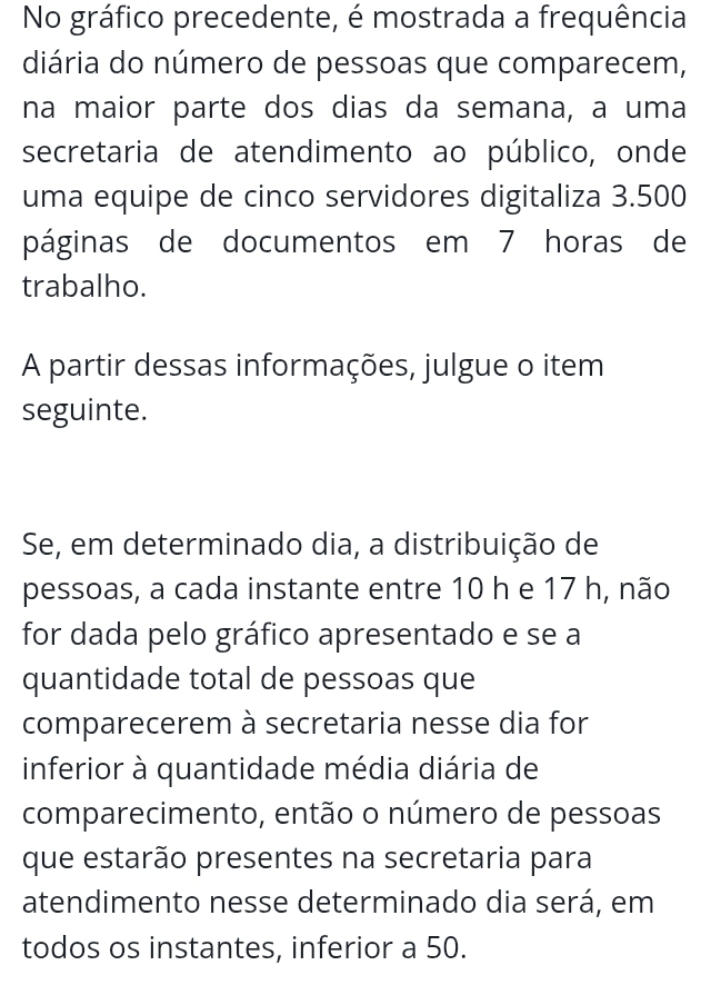 No gráfico precedente, é mostrada a frequência 
diária do número de pessoas que comparecem, 
na maior parte dos dias da semana, a uma 
secretaria de atendimento ao público, onde 
uma equipe de cinco servidores digitaliza 3.500
páginas de documentos em 7 horas de 
trabalho. 
A partir dessas informações, julgue o item 
seguinte. 
Se, em determinado dia, a distribuição de 
pessoas, a cada instante entre 10 h e 17 h, não 
for dada pelo gráfico apresentado e se a 
quantidade total de pessoas que 
comparecerem à secretaria nesse dia for 
inferior à quantidade média diária de 
comparecimento, então o número de pessoas 
que estarão presentes na secretaria para 
atendimento nesse determinado dia será, em 
todos os instantes, inferior a 50.