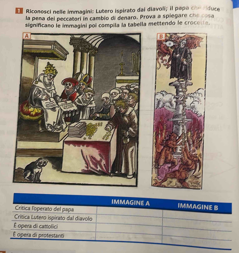 Riconosci nelle immagini: Lutero ispirato dai diavoli; il papa che ziduce
la pena dei peccatori in cambio di denaro. Prova a spiegare che cosa
significano le immagini poi compila la tabella mettendo le crocette.
IMMAGINE A IMMAGINE B
Critica l'operato del papa
Crítica Lutero ispirato dal diavolo
É opera di cattolici
É opera di protestanti