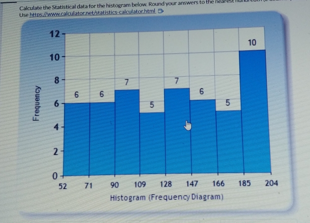 Calculate the Statistical data for the histogram below. Round your answers to the nearest hunt 
Use https://www.calculator.net/statistics-calculator.html