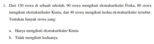 Dari 150 siswa di sebuah sekolah, 90 siswa mengikuti ekstrakurikuler Fisika, 80 siswa
mengikuti ekstrakurikuler Kimia, dan 40 siswa mengikuti kedua ekstrakurikuler tersebut.
Tentukan banyak siswa yang:
a. Hanya mengikuti ekstrakurikuler Kimia
b. Tidak mengikuti keduanya