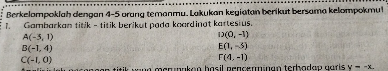 Berkelompoklah dengan 4 - 5 orang temanmu. Lakukan kegíatan beríkut bersama kelompokmu! 
1. Gambarkan titik - titik berikut pada koordinat kartesius.
A(-3,1)
D(0,-1)
B(-1,4)
E(1,-3)
C(-1,0)
F(4,-1)
i a e r p a a n h a sil e ncerminan terhadap garis y=-x.