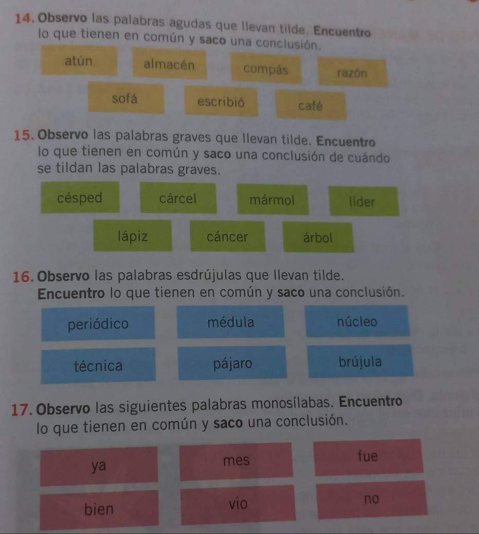 Observo las palabras agudas que llevan tilde. Encuentro
lo que tienen en común y saco una conclusión.
atún almacén compás razón
sofá escribió café
15. Observo las palabras graves que llevan tilde. Encuentro
lo que tienen en común y saco una conclusión de cuándo
se tildan las palabras graves.
césped cárcel mármol lider
lápiz cáncer árbol
16. Observo las palabras esdrújulas que llevan tilde.
Encuentro lo que tienen en común y saco una conclusión.
periódico médula núcleo
técnica pájaro brújula
17. Observo las siguientes palabras monosílabas. Encuentro
lo que tienen en común y saco una conclusión.
ya
mes
fue
no
bien
vio