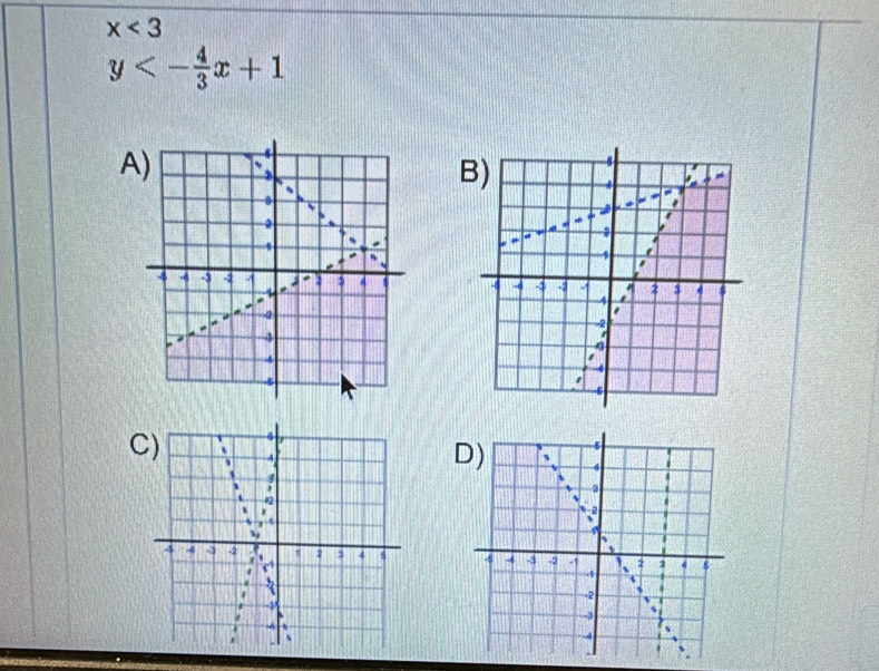 x<3</tex>
y<- 4/3 x+1
A) 

C)