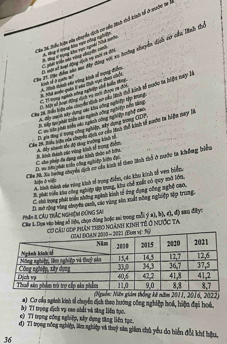 Cầu 26. Biểu hiện của chuyển dịch cơ cầu lãnh thổ kinh tế ở nước ta :
A. tăng tỉ trọng khu vực công nghiệp
B. tăng tỉ trọng khu vực ngoài Nhà nước.
Xầu 27. Đặc điểm nào sau đây đúng với xu hướng chuyển dịch cơ cầu lãnh th
C. phát triển các vùng chuyện canh
D. một số hoạt động dịch vụ mới ra đời
A. Hình thành các vùng kinh tế trọng điểm.
kinh tế ở nước ta?
B. Nhà nước quản lí cáo lĩnh vực then chốt
C. Tỉ trọng ngành công nghiệp chế biến tăng.
Cầu 28. Biểu hiện của chuyển dịch cơ câu lãnh thổ kinh tế nước ta hiện nay là
D. Một số hoạt động dịch vụ mới được ra đời
A. đây mạnh xây dựng các khu công nghiệp tập trung
B. tiếp tục phát triển các ngành công nghiệp nền tảng.
C. tu tiên phát triển các ngành công nghiệp nghệ cao.
D. gia tăng tỉ trọng công nghiệp, xây dựng trong GDP.
Cầu 29. Biểu hiện của chuyển dịch cơ cầu lãnh thổ kinh tế nước ta hiện nay là
A. đầy nhanh tốc độ tặng trưởng kinh tế.
B. hình thành các vùng kinh tế trọng điểm.
C. cho phép đa dạng các hình thức sở hữu.
Câu 30, Xu hướng chuyển dịch cơ cầu kinh tế theo lãnh thổ ở nước ta không biểu
D. ưu tiên phát triển công nghiệp hiện đại.
A. hình thành cáo vùng kinh tế trọng điểm, các khu kinh tế ven biểnh
hiện ở việc
B. phát triển khu công nghiệp tập trung, khu chế xuất có quy mô lớn.
C. chú trọng phát triển những ngành kinh tế ứng dụng công nghệ cao,
D. mở rộng vùng chuyên canh, các vùng sản xuất nông nghiệp tập trung.
Phần II, CÂU TRÁC NGHIỆM ĐÚNG SAI
Câu 1. Dựa vào bảng số liệu, chọn đúng hoặc sai trong mỗi ý a), b), c), đ) sau đây:
ÂU GDP PHÂN THEO NGẢNH KINH TÉ ở nƯỚc tA
(Nguồn: Niên giám thống kê năm 2011, 2016, 2022)
a) Cơ cấu ngành kinh tế chuyển dịch theo hướng công nghiệp hoá, hiện đại hoá,
b) Tỉ trọng dịch vụ cao nhất và tăng liên tục.
c) Tỉ trọng công nghiệp, xây dựng tăng liên tục.
d) Tí trọng nông nghiệp, lâm nghiệp và thuỷ sản giâm chủ yếu do biến đổi khí hậu,
36