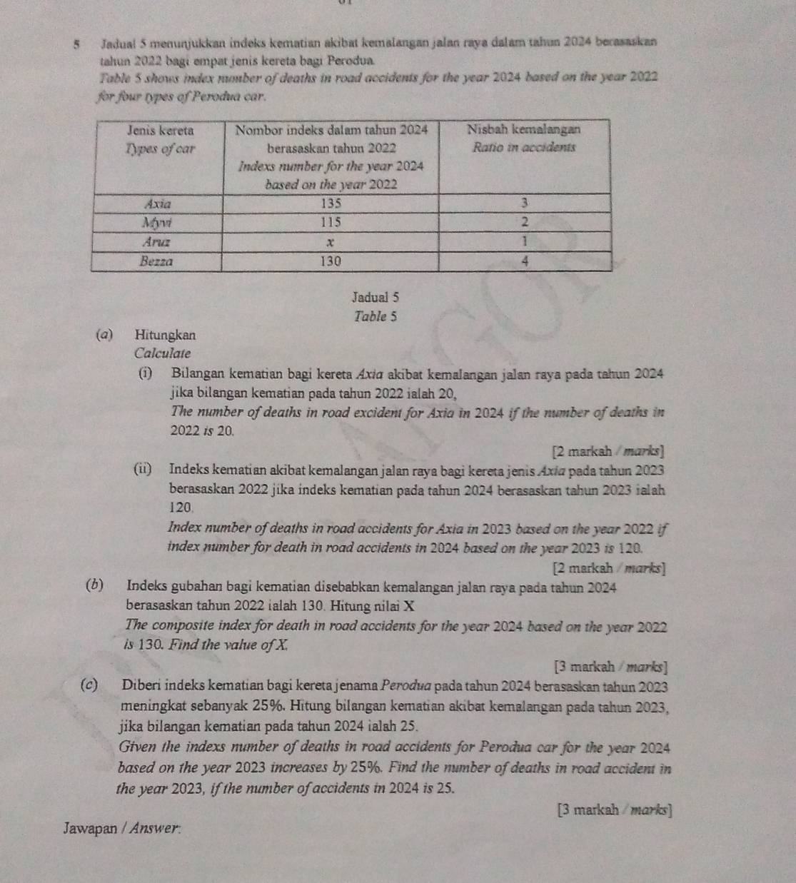 Jadual 5 menunjukkan indeks kematian akibat kemalangan jalan raya dalam tahun 2024 berasaskan
tahun 2022 bagi empat jenis kereta bagi Perodua.
Table 5 shows index number of deaths in road accidents for the year 2024 based on the year 2022
for four types of Perodua car.
Jadual 5
Table 5
(a) Hitungkan
Calculate
(i) Bilangan kematian bagi kereta Axi akibat kemalangan jalan raya pada tahun 2024
jika bilangan kematian pada tahun 2022 ialah 20,
The number of deaths in road excident for Axia in 2024 if the number of deaths in
2022 is 20.
[2 markah / marks]
(ii) Indeks kematian akibat kemalangan jalan raya bagi kereta jenis Axiz pada tahun 2023
berasaskan 2022 jika indeks kematian pada tahun 2024 berasaskan tahun 2023 ialah
120.
Index number of deaths in road accidents for Axia in 2023 based on the year 2022 if
index number for death in road accidents in 2024 based on the year 2023 is 120.
[2 marksh /marks]
(b) Indeks gubahan bagi kematian disebabkan kemalangan jalan raya pada tahun 2024
berasaskan tahun 2022 ialah 130. Hitung nilai X
The composite index for death in road accidents for the year 2024 based on the year 2022
is 130. Find the value of X.
[3 markah / marks]
(c) Diberi indeks kematian bagi kereta jenama Perodua pada tahun 2024 berasaskan tahun 2023
meningkat sebanyak 25%. Hitung bilangan kematian akibat kemalangan pada tahun 2023,
jika bilangan kematian pada tahun 2024 ialah 25.
Given the indexs number of deaths in road accidents for Perodua car for the year 2024
based on the year 2023 increases by 25%. Find the number of deaths in road accident in
the year 2023, if the number of accidents in 2024 is 25.
[3 matkah / marks]
Jawapan / Answer.