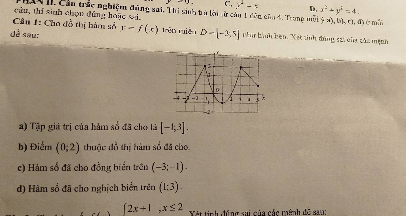 =0. C. y^2=x.
D. x^2+y^2=4. 
HAN II. Câu trắc nghiệm đúng sai. Thí sinh trả lời từ câu 1 đến câu 4. Trong mỗi ý a), b), c), d) ở mỗi
câu, thí sinh chọn đúng hoặc sai.
Câu 1: Cho đồ thị hàm số y=f(x) trên miền D=[-3;5] như hình bên. Xét tính đúng sai của các mệnh
đề sau:
a) Tập giá trị của hàm số đã cho là [-1;3]. 
b) Điểm (0;2) thuộc đồ thị hàm số đã cho.
c) Hàm số đã cho đồng biến trên (-3;-1). 
d) Hàm số đã cho nghịch biến trên (1;3).
∈t 2x+1, x≤ 2 Xét tính đúng sai của các mênh đề sau: