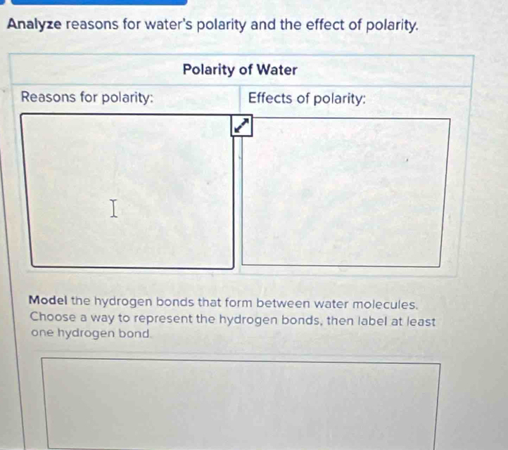 Analyze reasons for water's polarity and the effect of polarity. 
Polarity of Water 
Reasons for polarity: Effects of polarity: 
Model the hydrogen bonds that form between water molecules. 
Choose a way to represent the hydrogen bonds, then label at least 
one hydrogen bond.