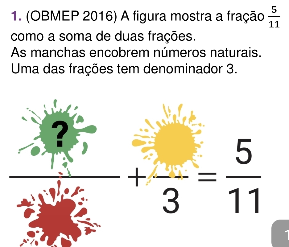 (OBMEP 2016) A figura mostra a fração  5/11 
como a soma de duas frações.
As manchas encobrem números naturais.
Uma das frações tem denominador 3.
4