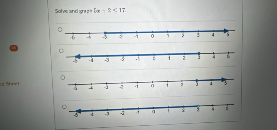 Solve and graph 5x+2≤ 17. 
ce Sheet