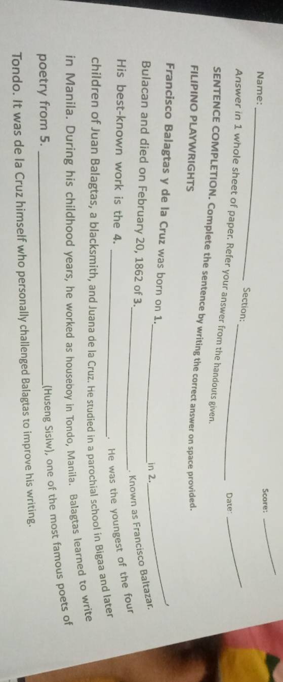 Solved: Name: Score: _ Section: Date _ Answer in 1 whole sheet of paper ...