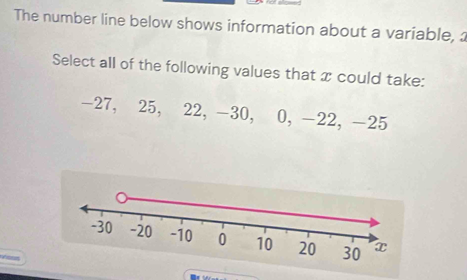 The number line below shows information about a variable, a 
Select all of the following values that x could take:
-27, 25, 22, -30, 0, -22, -25