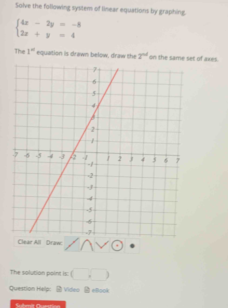 Solve the following system of linear equations by graphing.
beginarrayl 4x-2y=-8 2x+y=4endarray.
The 1^(st) equation is drawn below, draw the 2^(nd) on the same set of axes. 
Clear All Draw: 
The solution point is: (□ ,□ )
Question Help: Video eBook 
Submit Questio