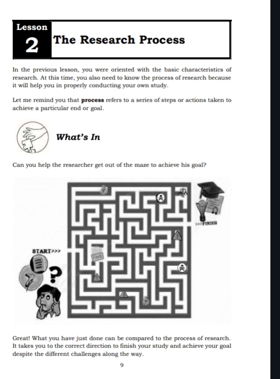 Lesson 
2 The Research Process 
In the previous lesson, you were oriented with the basic characteristics of 
research. At this time, you also need to know the process of research because 
it will help you in properly conducting your own study. 
Let me remind you that process refers to a series of steps or actions taken to 
achieve a particular end or goal. 
What’s In 
Can you help the researcher get out of the maze to achieve his goal? 
Great! What you have just done can be compared to the process of research. 
It takes you to the correct direction to finish your study and achieve your goal 
despite the different challenges along the way. 
9