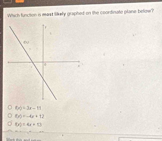 Which function is most likely graphed on the coordinate plane below?
f(x)=3x-11
f(x)=-4x+12
f(x)=4x+13
Mark this and return