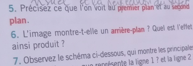 Précisez ce que l'on voit au premier plan et au second 
plan. 
6. L'image montre-t-elle un arrière-plan ? Quel est l'effet 
ainsi produit ? 
7. Observez le schéma ci-dessous, qui montre les principales 
représente la ligne 1 ? et la ligne 2