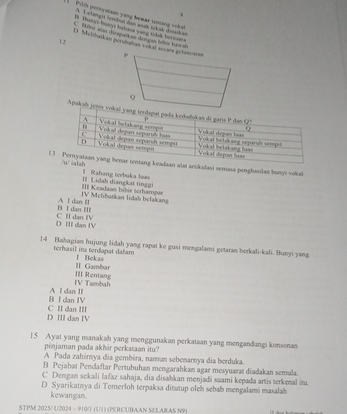 Pilih pernyataan yang benar tentang vokal
A Lelangit lembut dan anak tekak dinaïkan
B Bunyí-bunyi bahasa yang tidak bersuara
C Bibir atas dirapatkan dengan bibír bawab
12
D Melibatkan perubahan vokal secara geluncuran
p
Q
Apakah jenis
13an alat artikulasi semasa penghasilan bunyi vokal
I Rahang terbuka luas
II Lidah diangkat tinggi
III Keadaan bibir terhampar
IV Melibatkan lidah belakang
A I dan II
B I dan III
C II dan IV
D III dan IV
14 Bahagian hujung lidah yang rapat ke gusi mengalami getaran berkali-kali. Bunyi yang
terhasil itu terdapat dalam I Bekas
II Gambar
III Rentang
IV Tambah
A I dan II
B I dan IV
C II dan III
D III dan IV
15 Ayat yang manakah yang menggunakan perkataan yang mengandungi konsonan
pinjaman pada akhir perkataan itu?
A Pada zahirnya dia gembira, namun sebenarnya dia berduka.
B Pejabat Pendaftar Pertubuhan mengarahkan agar mesyuarat diadakan semula.
C Dengan sekali lafaz sahaja, dia disahkan menjadi suami kepada artis terkenal itu.
D Syarikatnya di Temerloh terpaksa ditutup oleh sebab mengalami masalah
kewangan.
STPM 2025/ U2024 - 910/1 (U1) (PERCUBAAN SELARAS N9)