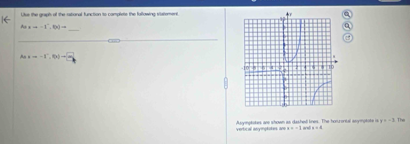Use the graph of the rational function to complete the following statement.
Asxto -1^-, f(x)to _. 
_ 
As xto -1^-, f(x)to an
Asymptotes are shown as dashed lines. The horzontal asymptote is y=-3 The 
vertical asymptotes are x=-1 and x=4.