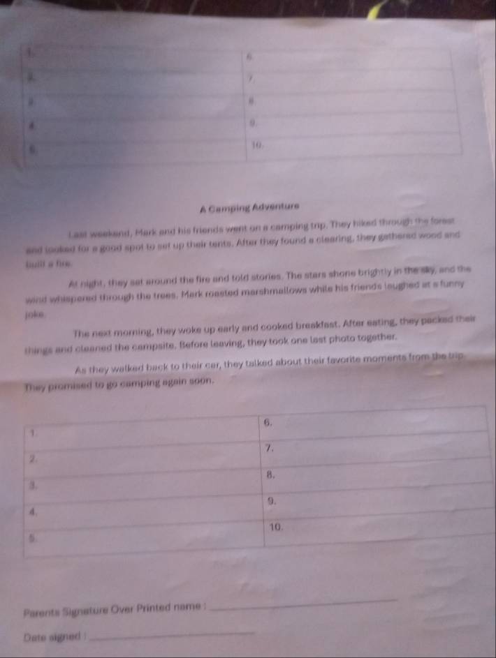 A Camping Adventure 
Last weekend, Mark and his friends went on a camping trip. They hiked through the forest 
and looked for a good spot to set up their tents. After they found a clearing, they gethered wood and 
huill a hoe. 
At night, they sat around the fire and told stories. The stars shone brightly in the sky, and the 
wind whispered through the trees. Mark roasted marshmallows while his friends laughed at s funny 
joke. 
The next morning, they woke up early and cooked breakfast. After eating, they packed their 
things and cleaned the campsite. Before leaving, they took one last photo together. 
As they walked back to their car, they talked about their favorite moments from the trp 
They promised to go camping again soon. 
Parents Signature Over Printed name : 
_ 
Date signed : 
_