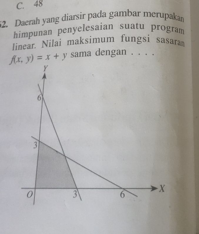 C. 48
52. Daerah yang diarsir pada gambar merupakan
himpunan penyelesaian suatu program
linear. Nilai maksimum fungsi sasaran
f(x,y)=x+y sama dengan . . . .