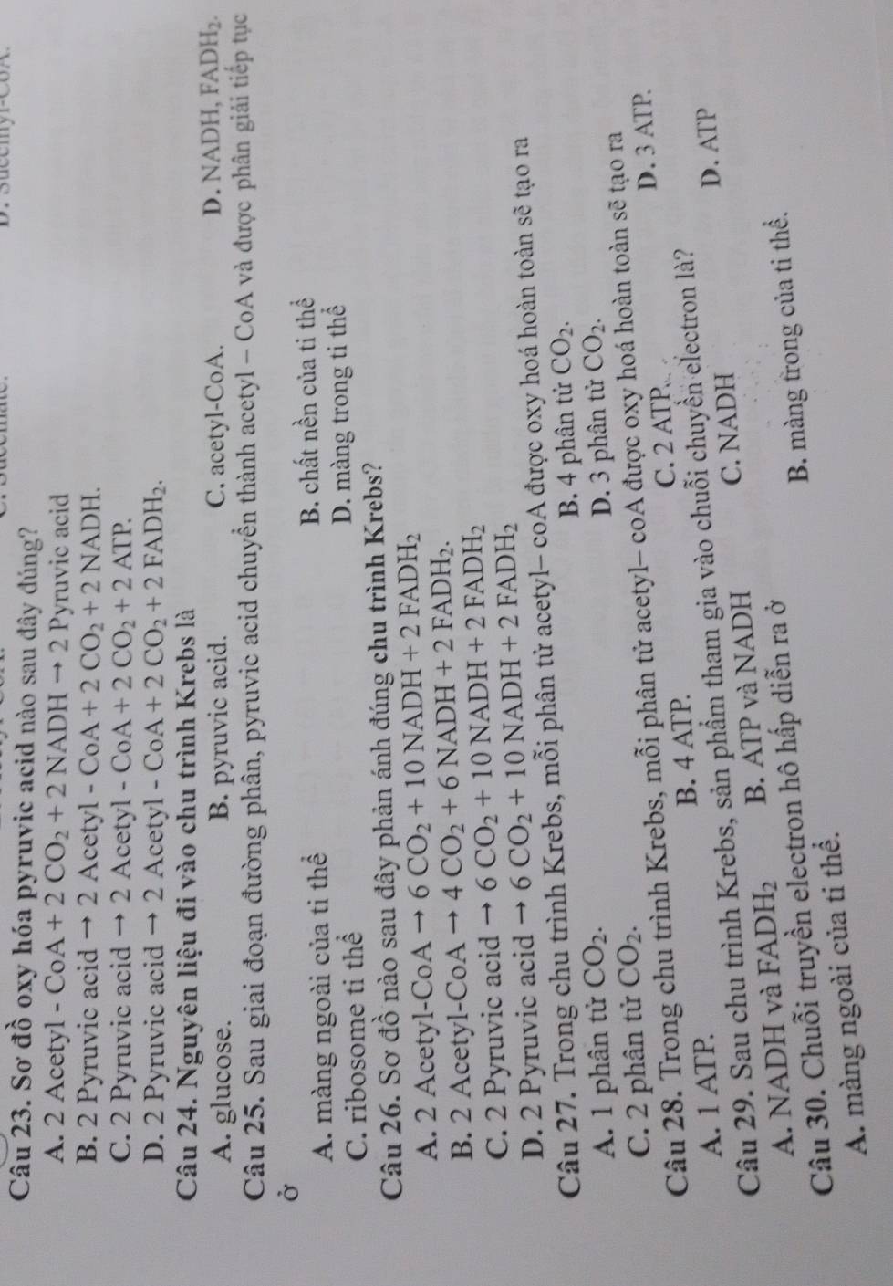 Sucemyr-CoA
Câu 23. Sơ đồ oxy hóa pyruvic acid nào sau đây đúng?
A. 2Acetyl-CoA+2CO_2+2NADHto 2P Pyruvic acid
B. 2 Pyruvic acid to 2Acetyl-CoA+2CO_2+2NADH.
C. 2 Pyruvic acid to 2Acetyl-CoA+2CO_2+2ATP.
D. 2 Pyruvic acid to 2Acetyl-CoA+2CO_2+2FADH_2.
Câu 24. Nguyên liệu đi vào chu trình Krebs là
A. glucose. B. pyruvic acid. C. acetyl-CoA. D.NADI H,FADH_2.
Câu 25. Sau giai đoạn đường phân, pyruvic acid chuyển thành acetyl - CoA và được phân giải tiếp tục
Ở
A. màng ngoài của ti thể B. chất nền của ti thể
C. ribosome ti thể
D. màng trong ti thể
Câu 26. Sơ đồ nào sau đây phản ánh đúng chu trình Krebs?
A. 2 Acetyl -CoAto 6CO_2+10NADH+2FADH_2
B. 2 Acetyl- -CoAto 4CO_2+6NADH+2FADH_2.
C. 2 Pyruvic acid to 6CO_2+10NADH+2FADH_2
D. 2 Pyruvic acid to 6CO_2+10NADH+2FADH_2
Câu 27. Trong chu trình Krebs, mỗi phân tử acetyl- coA được oxy hoá hoàn toàn sẽ tạo ra
A. 1 phân tử CO_2. B. 4 phân tử CO_2.
C. 2 phân tử CO_2. D. 3 phân tử CO_2.
Câu 28. Trong chu trình Krebs, mỗi phân tử acetyl- coA được oxy hoá hoàn toàn sẽ tạo ra
A. 1 ATP. B. 4 ATP. C. 2 ATP. D. 3 ATP.
D. ATP
Câu 29. Sau chu trình Krebs, sản phẩm tham gia vào chuỗi chuyển electron là?
A. NADH và FADH_2 B. ATP và NADH C. NADH
Câu 30. Chuỗi truyền electron hô hấp diễn ra ở
A. màng ngoài của ti thể. B. màng trong của ti thể.