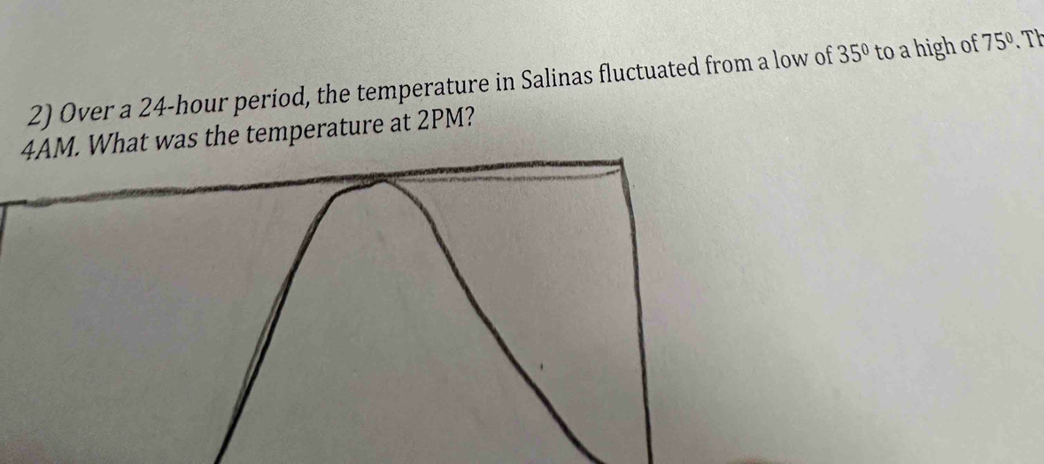 Over a 24-hour period, the temperature in Salinas fluctuated from a low of 35° to a high of 75°. Th 
. What was the temperature at 2PM?