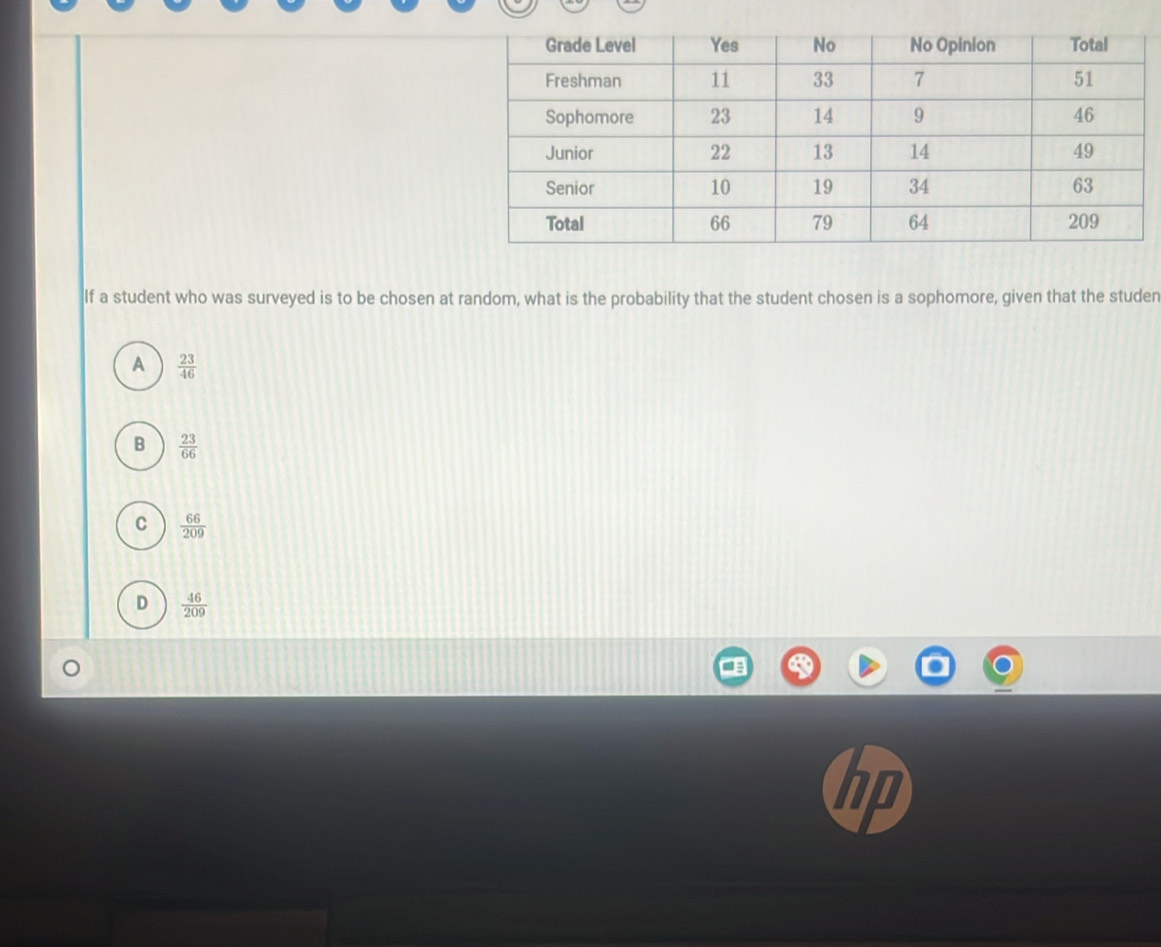 lf a student who was surveyed is to be chosen at random, what is the probability that the student chosen is a sophomore, given that the studen
A  23/46 
B  23/66 
C  66/209 
D  46/209 
hD