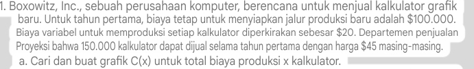 Boxowitz, Inc., sebuah perusahaan komputer, berencana untuk menjual kalkulator grafik 
baru. Untuk tahun pertama, biaya tetap untuk menyiapkan jalur produksi baru adalah $100.000. 
Biaya variabel untuk memproduksi setiap kalkulator diperkirakan sebesar $20. Departemen penjualan 
Proyeksi bahwa 150.000 kalkulator dapat dijual selama tahun pertama dengan harga $45 masing-masing. 
a. Cari dan buat grafik C(x) untuk total biaya produksi x kalkulator.