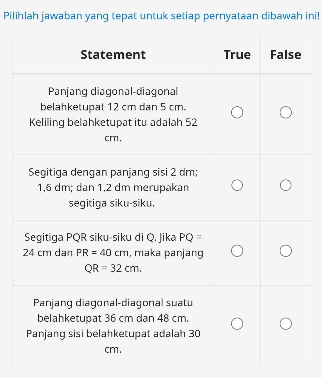 Pilihlah jawaban yang tepat untuk setiap pernyataan dibawah ini!