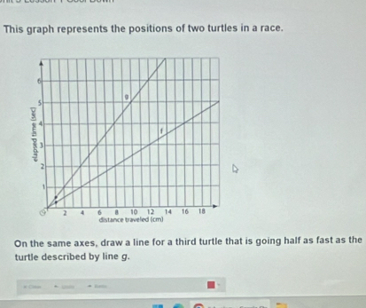 This graph represents the positions of two turtles in a race. 
On the same axes, draw a line for a third turtle that is going half as fast as the 
turtle described by line g. 
# Cs lets