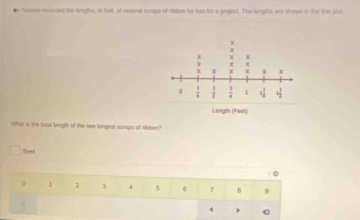 Vian recorded the lengths, in feet, of several scraps of ribbon he has for a project. The lengths are shown in the line plot.
What is the total length of the two longest scraps of ribbon?
feet
a 
1 2 3 4 5 6 7 8 9
>