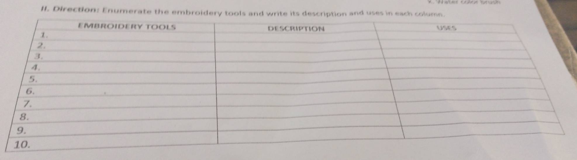 Direction: Enumerate the embroidery tools and write its description and uses in each column.