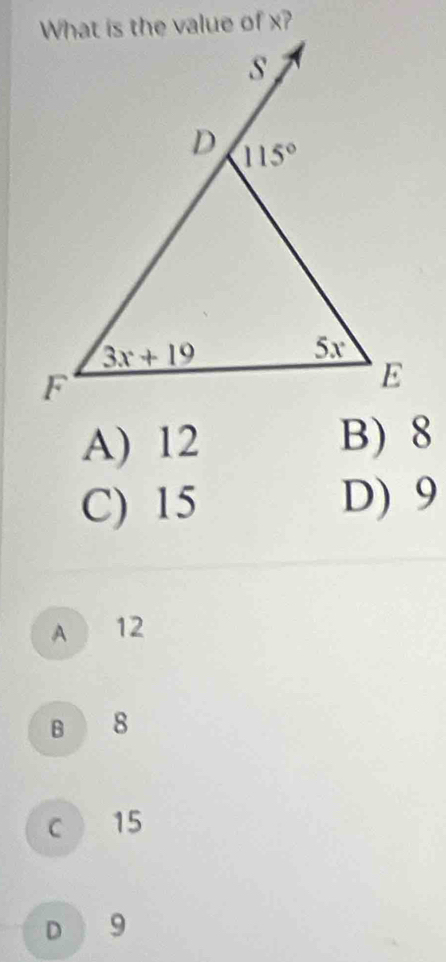 A) 12 B) 8
C) 15 D) 9
A  12
B 8
c 15
D 9